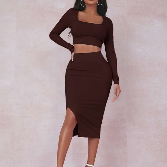 SHEIN Dresses & Skirts - SHEIN Bugundy Long Sleeve Crop Tee & Skirt with Thigh Slit Ribbed Set size…